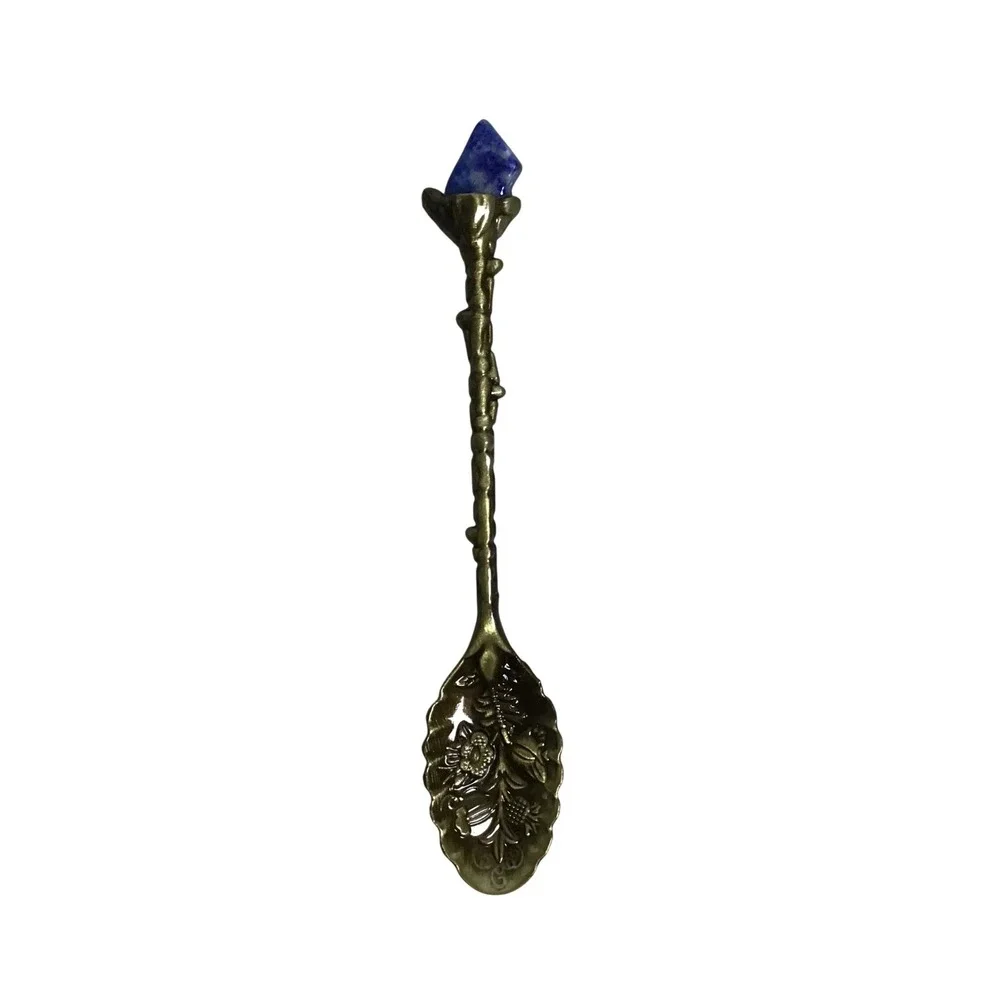 Vintage Crystal Stone Spoon Bronze Floral Tea Spoon with Twig Handle NIB